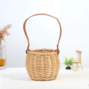 Woven Wicker Baskets Potted With Leather Handle